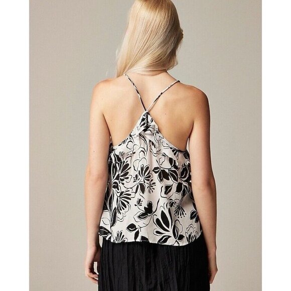 J Crew Drapey Ruffle Tank Top Black Floral White NWT Size Large - Picture 2 of 7